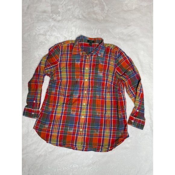 LRL Ralph Lauren Jeans Co Button Front Shirt Long Sleeve orange Plaid Women 1X C - Picture 1 of 7